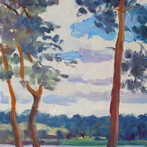 Forest Lake, original plein air oil painting on board, 12&quot; x 8&quot; unframed, landscape with pines near water