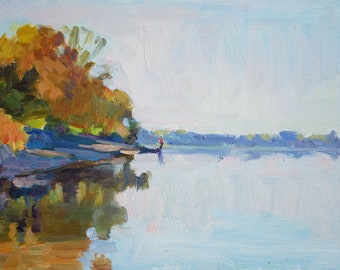 Herbst Fluss Ölgemälde: Impressionistische Landschaft Plein Air Kunst (203x300 ungerahmt)