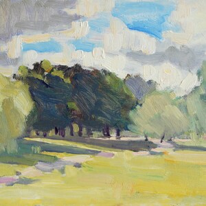 Día ventoso en el parque, pintura al óleo original pleinair sobre cartón, 18 x 25 cm, sin marco