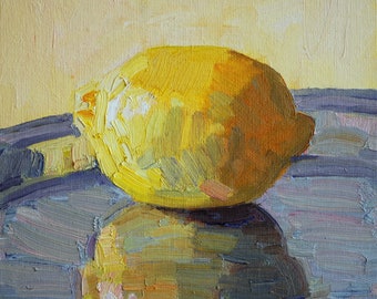 Lemon, Small Original Oil Painting, Impressionist artwork, still life 8 x 8 unframed