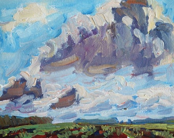 Spring Clouds Oil Painting: Impressionist Landscape Art (7x8 Unframed)