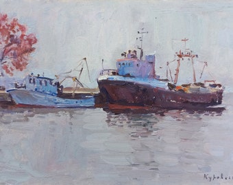 At the Pier, original oil painting 8" x 12" unframed, ships, impressionist plein air artwork