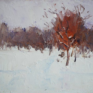 Small Winter Landscape Oil Painting: Impressionist Snow Scene, 6x8 Unframed