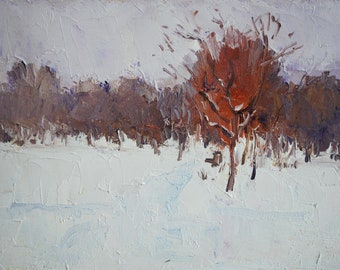 Small Winter Landscape Oil Painting: Impressionist Snow Scene, 6x8 Unframed
