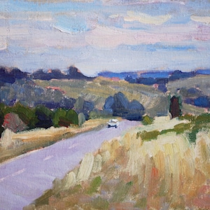 Landstraße Malerei auf Malplatte. Original Landschaft in Öl, kleines impressionistisches Kunstwerk, vor Ort erstellt, 20 x 30 cm, ungerahmt