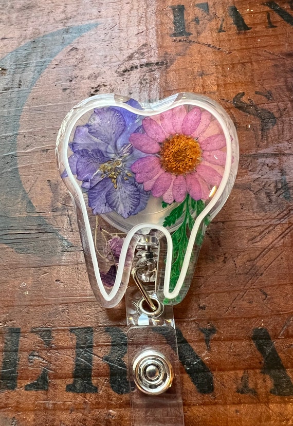 Tooth, Dried Flower ID Badge Reel, Badge Holder Choice of Colors