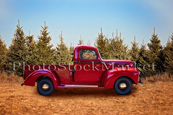 Christmas Tree Farm Vintage Ford Truck Red Truck Holiday Backdrop Photography Backdrop Digital Backdrop Photoshop Background Pickup
