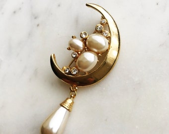 Vintage Crescent Moon Pearl & Crystal Brooch