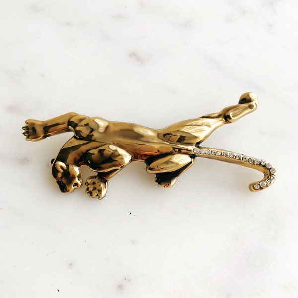 Gold Crystal Puma Brooch