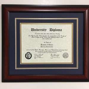 University Diploma Frame, College or High School Graduation Gift for your Graduate. Choice of Mat Color & Prestige Satin Mahogany Frame.