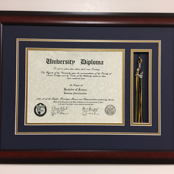 University Diploma Frame with Tassel Box, College or High School Graduation Gift for your Graduate. Top mat Navy, inner mat Gold