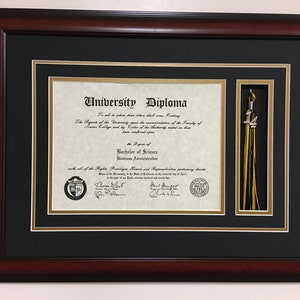 University Diploma Frame with Tassel Box, College or High School Graduation Gift for your Graduate. Top mat Black inner mat Gold