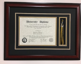 University Diploma Frame with Tassel Box, College or High School Graduation Gift for your Graduate. Top mat Black inner mat Gold