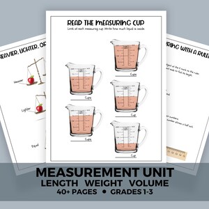 May include: Educational worksheets for grades 1-3. The pages feature illustrations of measuring cups with varying liquid levels, scales comparing weight, and rulers. Text includes "Read the Measuring Cup" and "Measurement Unit: Length, Weight, Volume."