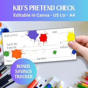 Plantilla de cheque editable para niños / Actividad de habilidades para la vida / Cheque bancario falso para niños / Juego de simulación preescolar / Herramienta educativa