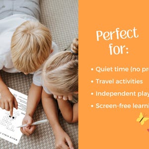 May include: Two children are lying on a patterned surface, working on a crossword puzzle. The puzzle sheet has the text "WHICH BIBLE CHARACTER?" printed on it. The image also includes the text "Perfect for: Quiet time (no prep), Travel activities, Independent play, Screen-free learning."