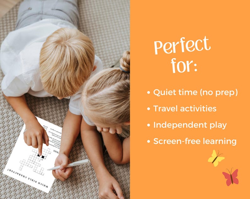 May include: Two children are lying on a patterned surface, working on a crossword puzzle. The puzzle sheet has the text "WHICH BIBLE CHARACTER?" printed on it. The image also includes the text "Perfect for: Quiet time (no prep), Travel activities, Independent play, Screen-free learning."