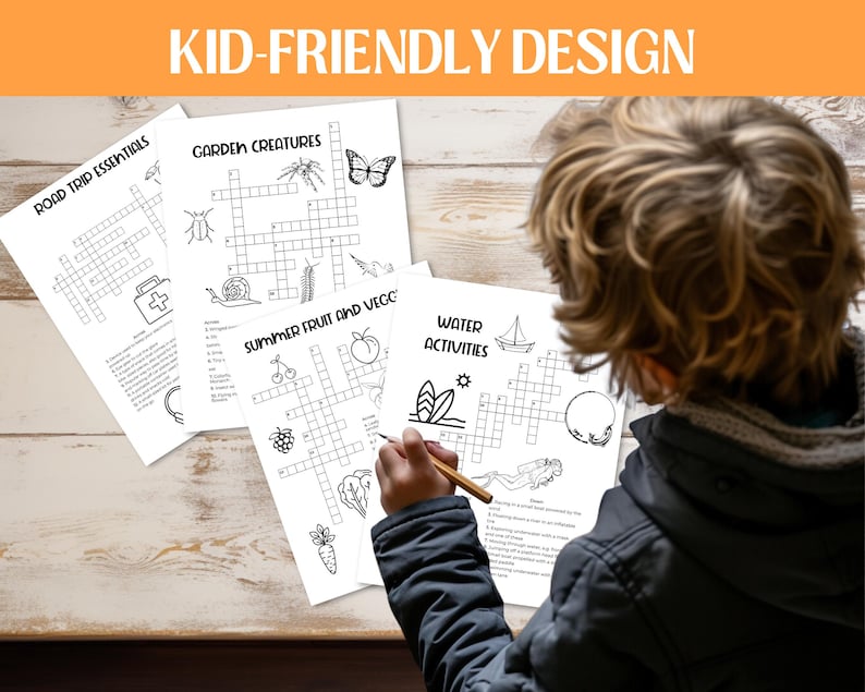 May include: A collection of black and white crossword puzzles with the text "ROAD TRIP ESSENTIALS", "GARDEN CREATURES", "SUMMER FRUIT AND VEGE", and "WATER ACTIVITIES". The image also includes the text "KID-FRIENDLY DESIGN".
