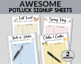 Peut inclure: Quatre feuilles de papier imprimables pour inscription à un potluck avec des thèmes différents : Festin d’automne, Fringue de printemps, Goût d’hiver et Chillin & Grillin. Chaque feuille comporte un espace pour les noms et ce qu’ils apportent. Les feuilles sont décorées d’images de saison.