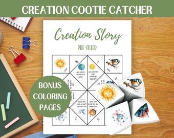 May include: A white paper cootie catcher with a colorful illustration of the sun, birds, and fish. The cootie catcher is folded and has the words "Creation Story" and "Pre-Filled" printed on it. The paper is on a wooden surface.