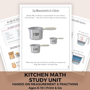 Puede incluir: Imprimibles educativos para matemáticas de cocina, con medidas de tazas y fracciones. La imagen muestra tazas medidoras etiquetadas como 1 taza y ½ taza, con texto que explica su uso. Se muestra el título "Kitchen Math Study Unit".