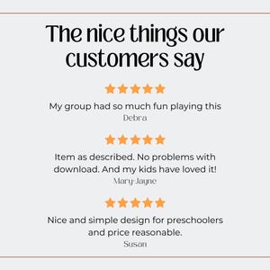 May include: A light beige graphic with the text "The nice things our customers say." Below are customer reviews with star ratings. The reviews mention fun, downloads, and simple designs.