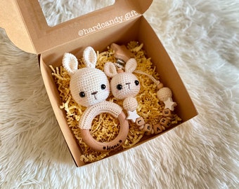 Personalized Crochet Bunny Rattle and Pacifier Clip Set: Baby Shower Gift