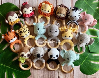 Personalized Crochet Safari Animal Rattle: Panda, Tiger, Sloth, Giraffe, Monkey, Elephant, Lion