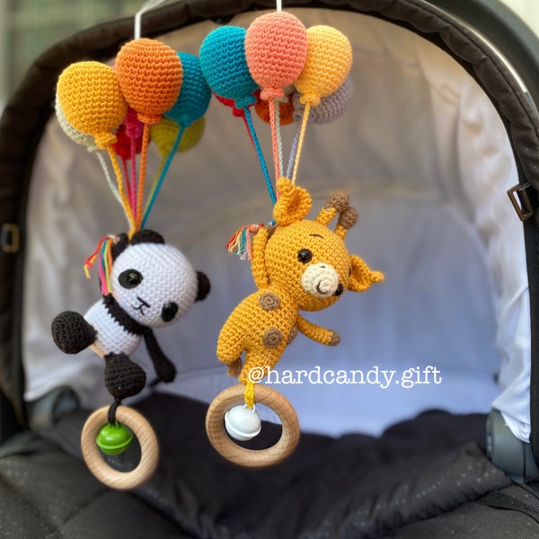 Juguete de ganchillo con forma de animal para el asiento del coche: Panda, Jirafa, Zorro, León, Conejo, Mono, Elefante con sonajero colgante