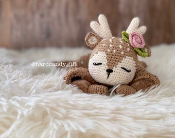Personalised Crochet Deer Lovey, Deer Security Blanket, Doudou, Crochet Snuggle toy, baby Comforter