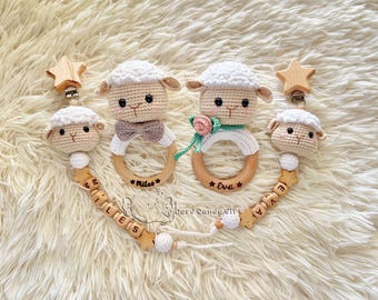 Personalized Crochet Sheep Rattle and Pacifier Clip Set – Baby Shower Gift