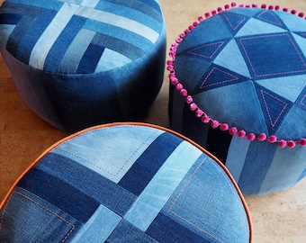 Put Your Feet Up pouffe pattern PDF download – denim patchwork footstool pouf with top and trim options