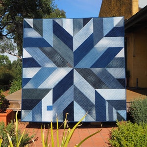 Blue Giant quilt pattern PDF download – Pattern for upcycled jeans, works like a garment pdf pattern with multiple pages to tape together.