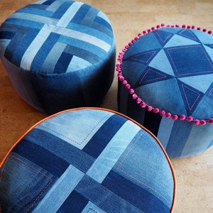 Put Your Feet Up pouffe pattern PDF download – denim patchwork footstool pouf with top and trim options