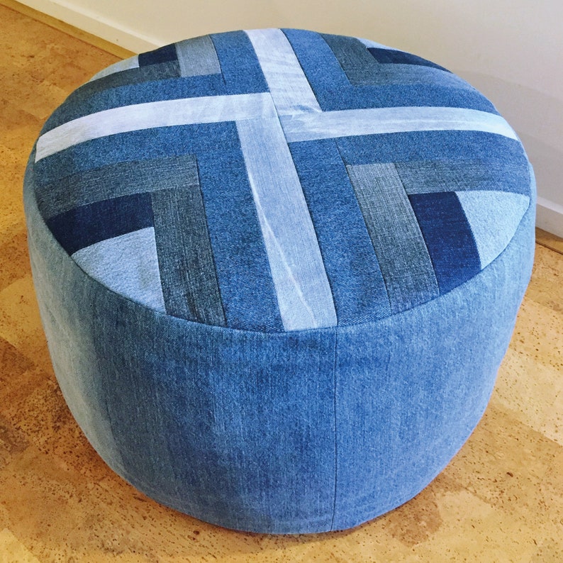 Put Your Feet Up pouffe pattern PDF download denim patchwork footstool pouf with top and trim options image 2
