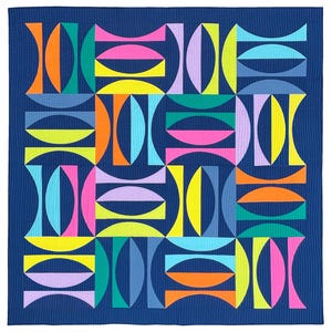 May include: A square quilt featuring a dark blue background with a repeating geometric pattern of semicircles and arches in vibrant colours including orange, teal, pink, yellow, light blue, and lavender, all stitched with a fine linear texture.