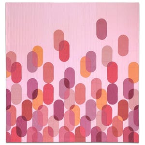 May include: Abstract art print featuring a pink background with overlapping, layered, and translucent geometric shapes in shades of pink, red, and orange.