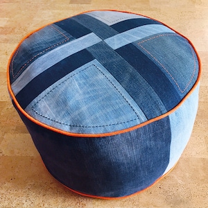 Put Your Feet Up pouffe pattern PDF download denim patchwork footstool pouf with top and trim options image 3