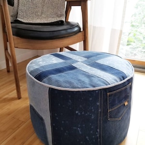 Put Your Feet Up pouffe pattern PDF download denim patchwork footstool pouf with top and trim options image 5