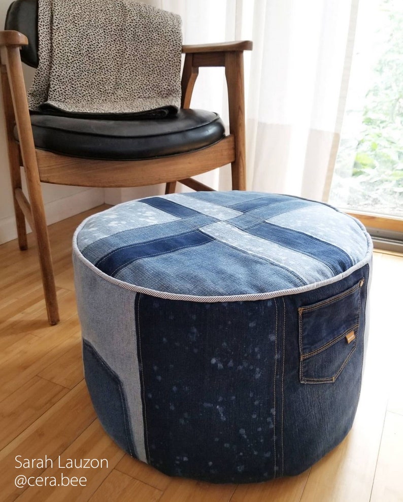 Put Your Feet Up pouffe pattern PDF download denim patchwork footstool pouf with top and trim options image 5