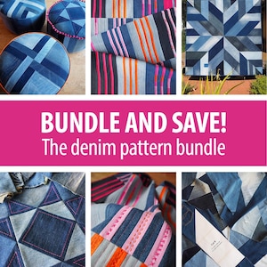 May include: A bundle of denim patchwork patterns for quilting and sewing projects. The patterns include a variety of geometric designs, such as stripes, squares, and triangles. The patterns are made from recycled denim fabric and are perfect for adding a unique touch to any project.