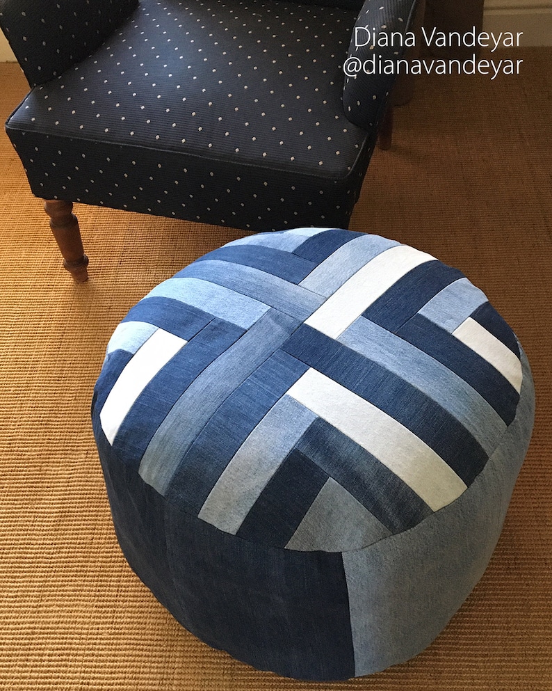 Put Your Feet Up pouffe pattern PDF download denim patchwork footstool pouf with top and trim options image 7