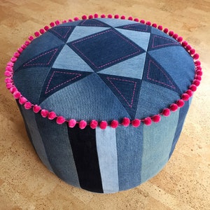 Put Your Feet Up pouffe pattern PDF download denim patchwork footstool pouf with top and trim options image 4