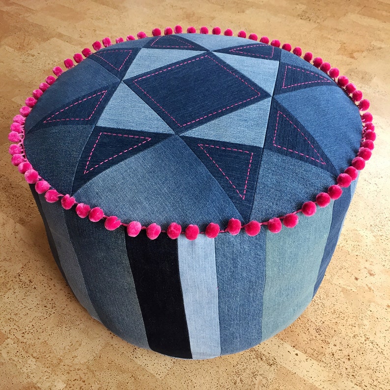 Put Your Feet Up pouffe pattern PDF download denim patchwork footstool pouf with top and trim options image 4