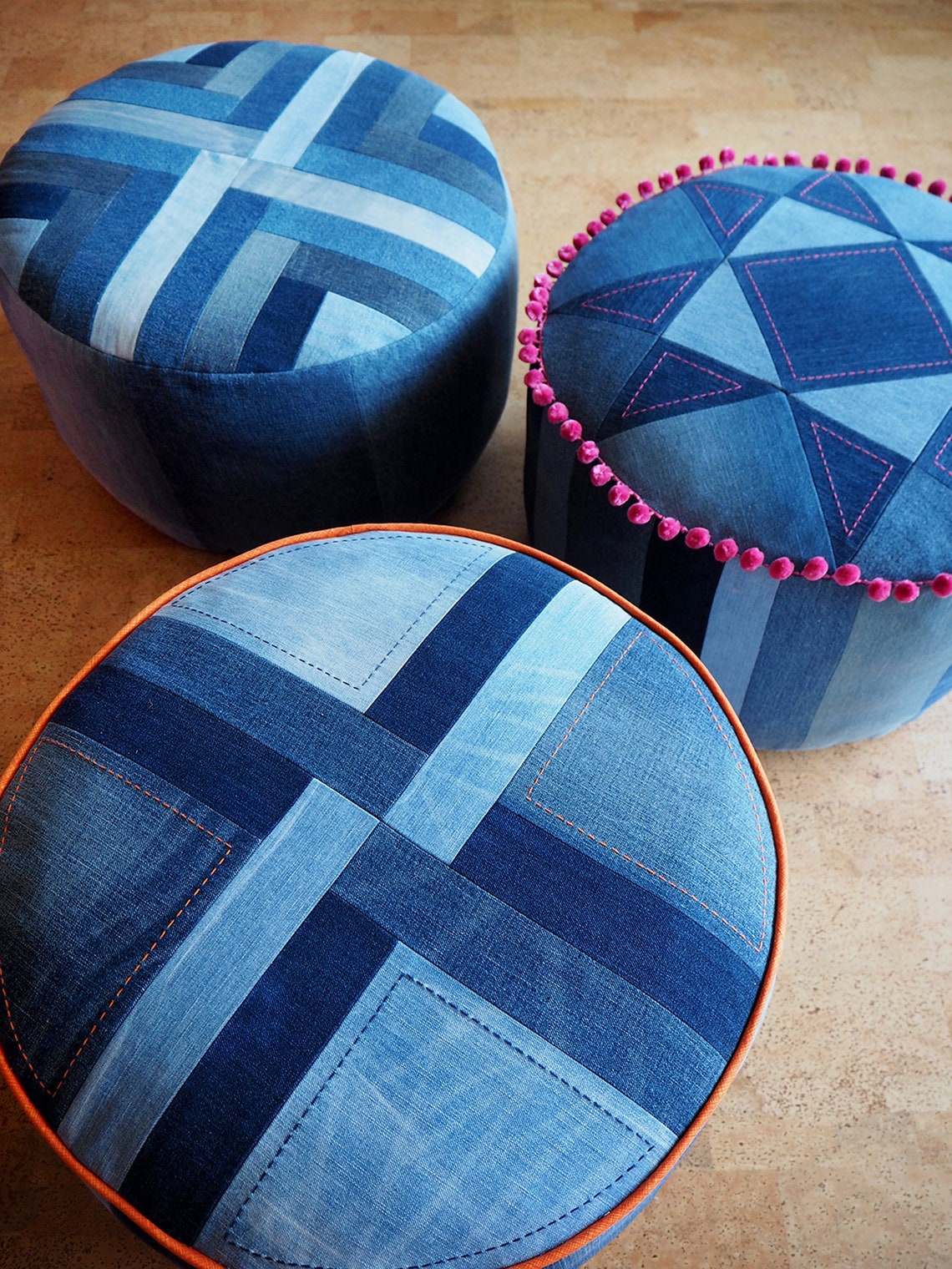 Put Your Feet Up pouffe pattern PDF download denim patchwork image 0