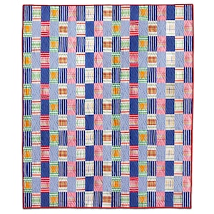 May include: A patchwork quilt with a blue, white, red, pink, and green checkered pattern.
