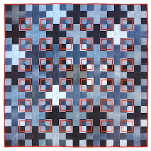 May include: A denim patchwork quilt with a checkerboard design in shades of blue and black. The quilt has a red border and a repeating pattern of squares. The quilt's dimensions are not visible.