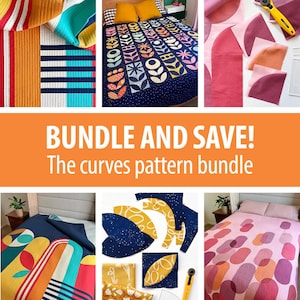May include: A bundle of four quilt patterns featuring colourful geometric shapes. The patterns are called "The Curves Pattern Bundle" and include a variety of colours, including blue, yellow, pink, orange, and red.