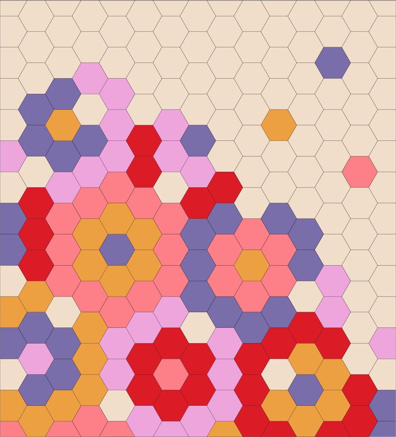 Patrón de colcha hexagonal Sugarbag en PDF en tamaños para cojín, manta y queen. imagen 16