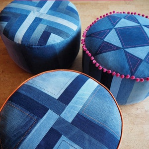 Put Your Feet Up pouffe pattern PDF download denim patchwork footstool pouf with top and trim options image 9